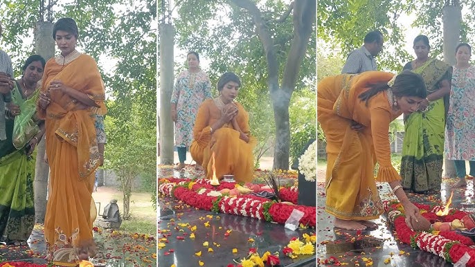 Manchu Lakshmi visited her mother Vidya Devi’s memorial in Naidupeta and paid floral tributes, turning emotional while remembering her.