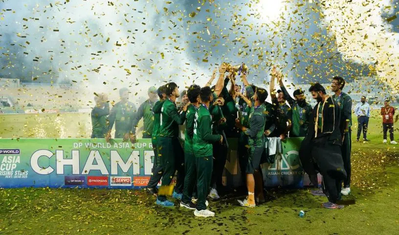 Pakistan Shaheens clinched Asia Cup 2025 Rising Stars title, defeating Bangladesh in a thrilling Super Over. Sad Masood starred with 38 runs off 26 balls.