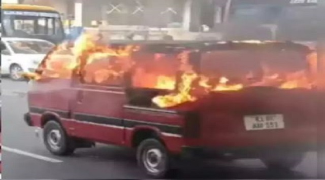 An OMNI van caught fire in Zaheerabad, passengers escaped safely, causing temporary traffic disruption on the Zaheerabad-Beed road.
